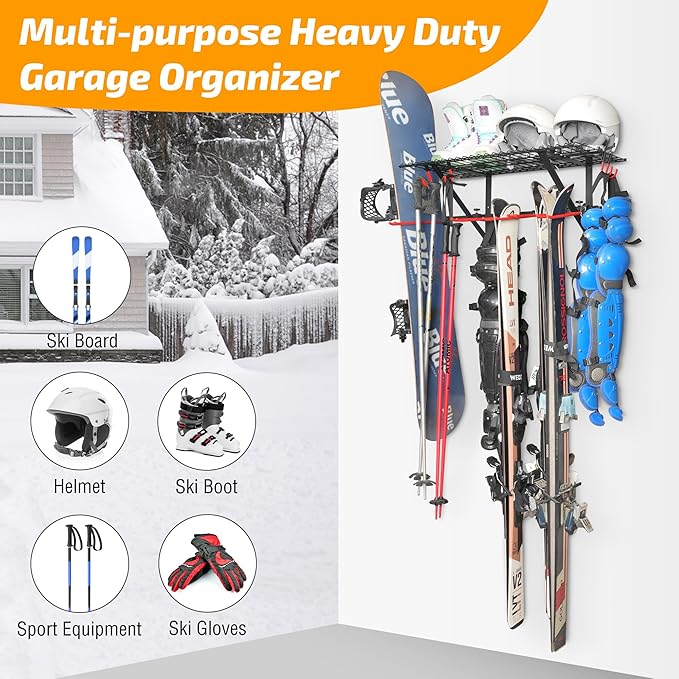 PLKOW Wall-Mounted Ski Rack, Skis Storage Rack for Garage Shed with Top Storage Shelf, Customizable Spacing, Supports Up to 280 lbs, Steel, 1-Pack