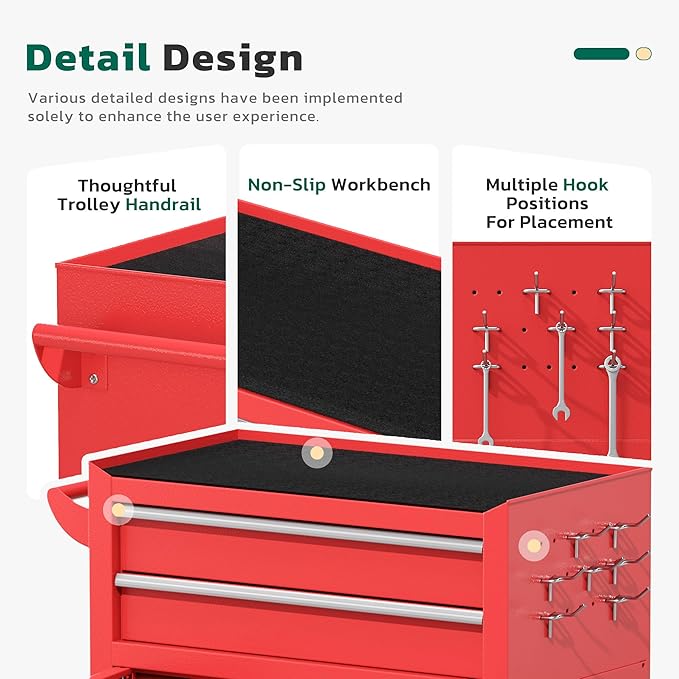 Greenvelly Tool Chest, 8-Drawer Rolling Tool Chest with Hooks and Lockable Wheels,Metal Storage Detachable Top Tool Box with Lockable Wheels for Garage,Workshop,Art Studio(Red)