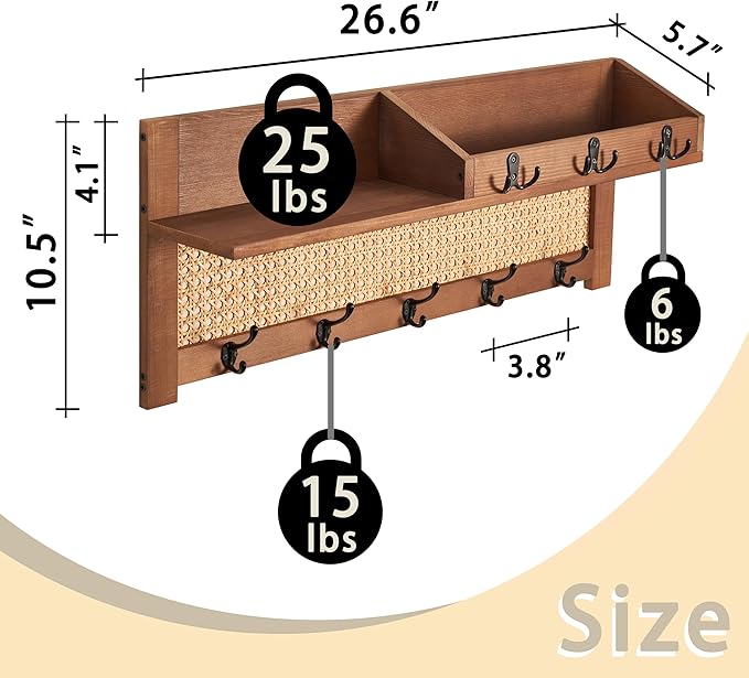 Coat Rack Wall Mount with Hooks & Shelf - Wooden Entryway Organizer for Hanging Coats, Keys, Hangers - Space Saving Durable Wood Holder for Hallway, Bedroom, Office-The Rattan Model