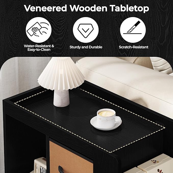Yaheetech Narrow Side Table with Storage, Wooden Rolling Nightstand Bedside Table with Wheels, Magazine Racks and Open Shelves, End Table with Drawers for Living Room Bedroom, Black