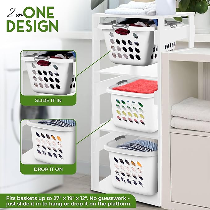 Laundry Basket Holder Shelf – Stackable Engineered Wood Laundry Tower, Tiered Hamper Organizer for Bathroom, Bedroom, Closet (White, 3 Tier)
