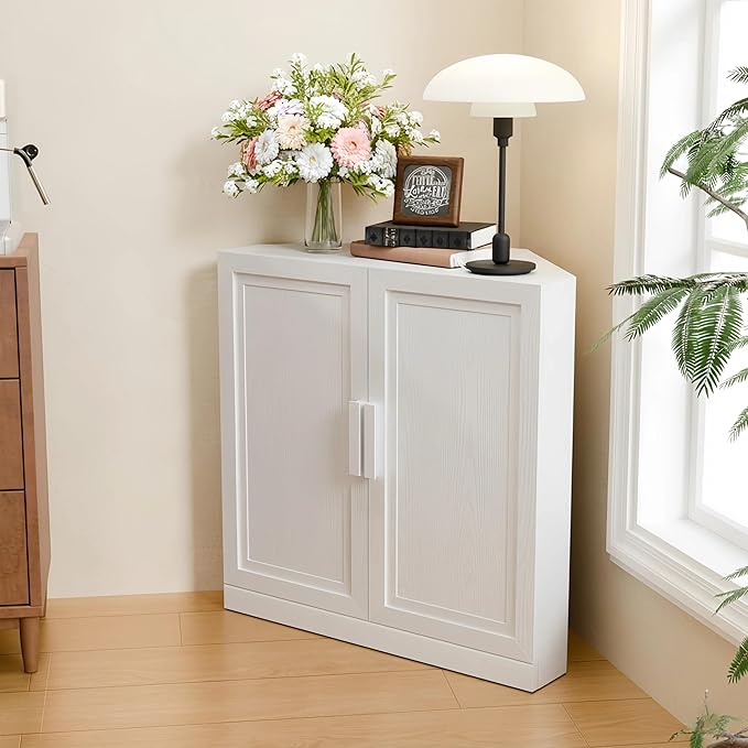 Casaphoria Farmhouse Corner Cabinet, Wooden Corner Storage Cabinet with Adjustable Shelves, Narrow Storage Organizer for Small Space, 31" H x 31" W x 16" D, 44Lb, White