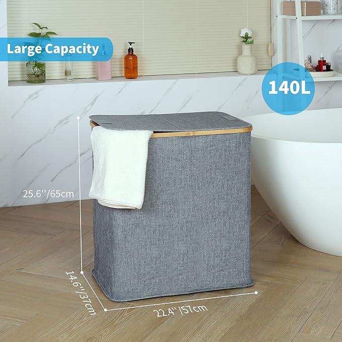 efluky Laundry Hamper with Lid, Double Laundry Hamper with 2 Removable Bags, 2 Section Laundry Basket with Bamboo Handles for Bathroom, Bedroom & Laundry Room, 140L (36.9 Gallon) Blue Grey