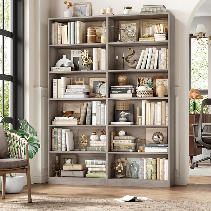 FACBOTALL Bookshelf and Bookcase, 6-Tier Double Wide Bookshelves, Freestanding Display Storage Shelves, Tall Bookcases for Home Decor Bedroom, Living Room, Home Office, Wash Gray