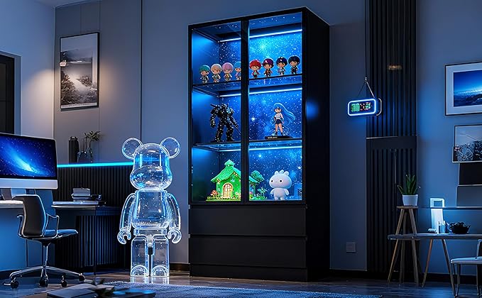 63'' Tall Glass Display Cabinet with LED Lights & 2 Drawers,Showcase with Glass Doors,4-Tier Curio Cabinet for Collectibles Bookcase,Storage Shelf, Bookcase(Black- 2 Drawers)