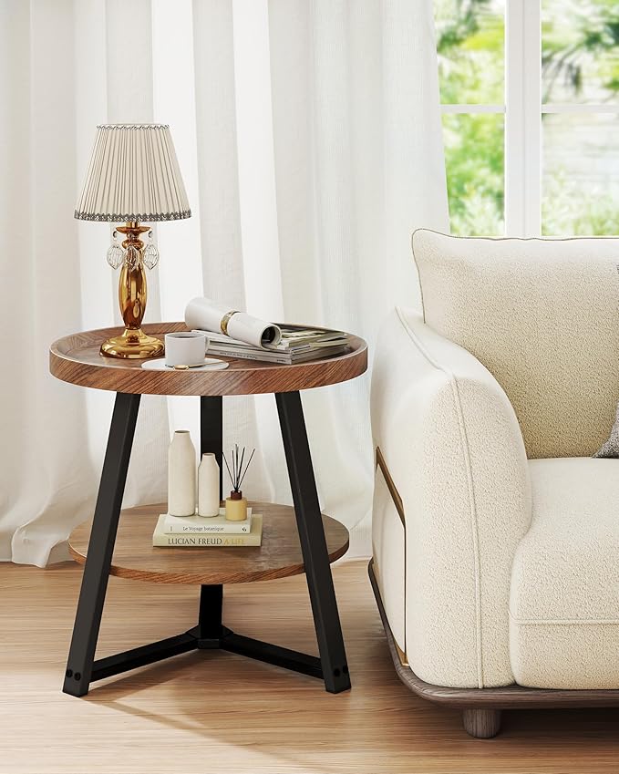 Small Round End Table, 2-Tier Side Table with Storage, Small Round Coffee Table for Living Room, 20'' Living Room Furniture with Sturdy Steel Frame (Brown)