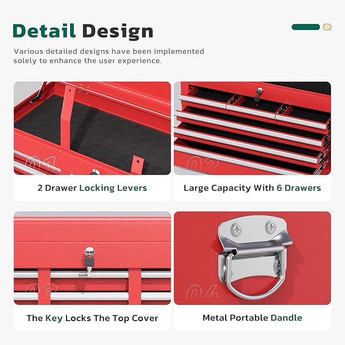 Greenvelly Tool Chest, 8-Drawer Rolling Tool Chest with Hooks and Lockable Wheels,Metal Storage Detachable Top Tool Box with Lockable Wheels for Garage,Workshop,Art Studio(Red)