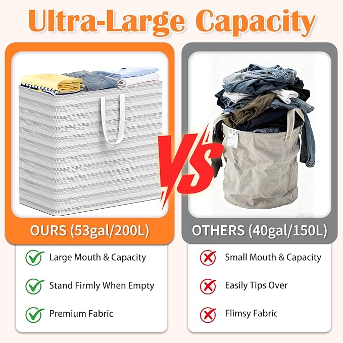 XXXXXL 53gal(200L) Large Laundry Basket, Laundry Hamper 3 Section with Reinforced Handles, Waterproof Collapsible Clothes Hamper for Bedroom Laundry Room Dorm Bathroom