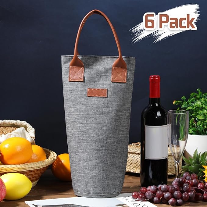 Shappy 6 Pack Single Bottle Wine Tote Bag 1 Bottle Insulated Wine Carrier Bag Thermal Protective Wine Tote Bag Grey Portable Padded Wine Cooler for Travel Picnic Dinner Wedding Present for Wine Lover