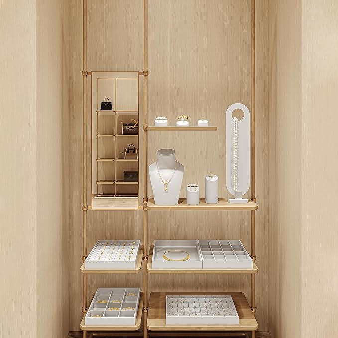 Oirlv Premium White Leather Stackable Jewelry Tray Ring Holder Organizer Showcase Ring Earring Display