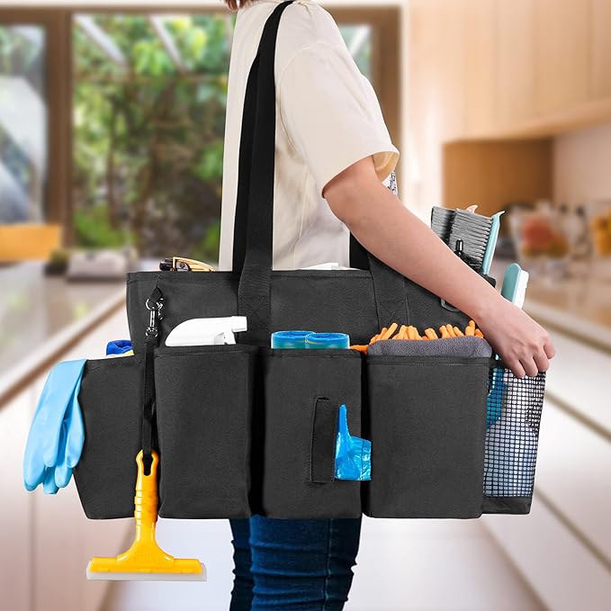 LoDrid Professional Cleaning Tote Caddy for Cleaning Supplies, Cleaning Bag Organizer with Dividers and Handle Strap for Housekeepers Work, Black, (Bag Only)