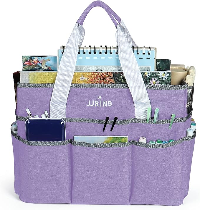 JJRING Craft Organizer Tote Bag, Large Art Storage Caddy with Multiple Pockets, Lilac Sewing Bag for Art, Craft, Scrapbooking, School, Medical, and Office Supplies Storage