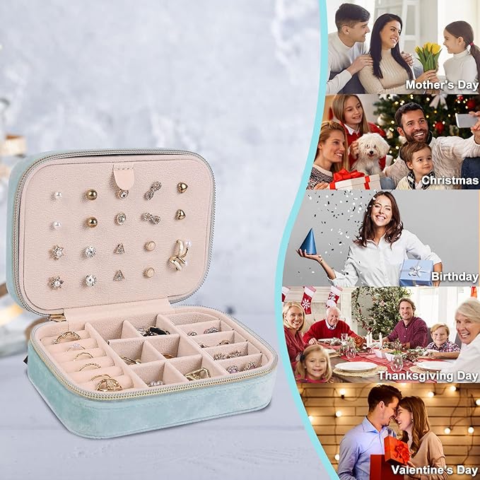 Dajasan Velvet Jewelry Boxes, Mini Travel Jewelry Case, Small Portable Travel Jewelry Organizer Box for Earrings Bracelets Rings Necklace (Cyan Blue)