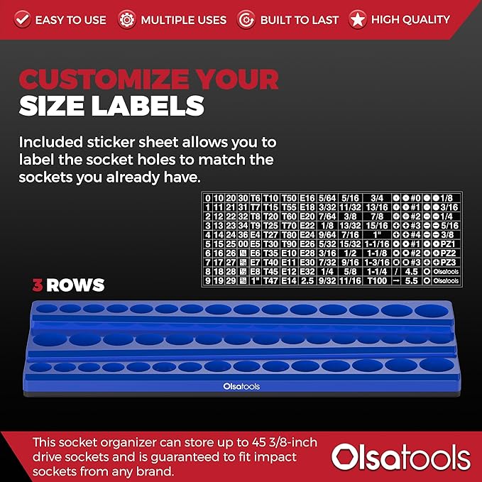 Olsa Tools Magnetic Socket Organizer (3/8-Inch Drive, 3-Row) - Magnetic Tool Organizer & Socket Holder - Tool Box Socket Organizers - Blue Blank - Holds 54 Sockets - Professional Grade - Part: 1683