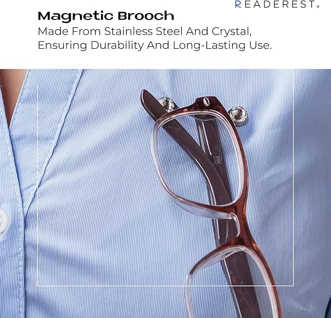 Readerest Magnetic Eyeglass Holder (2 Pack), Eyewear Shirt Clip for Men & Women, Glasses Holders for Readers, Sunglasses & Work Badges, USA Made (Stainless Steel + Crystals)