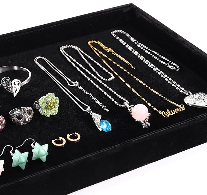 Mornajina 13.8" x 9.5" Velvet Jewelry Tray Jewelry Display Tray, Stackable Empty Plate Trays for Earrings Necklaces Bracelet Rings Display Showcase - Black