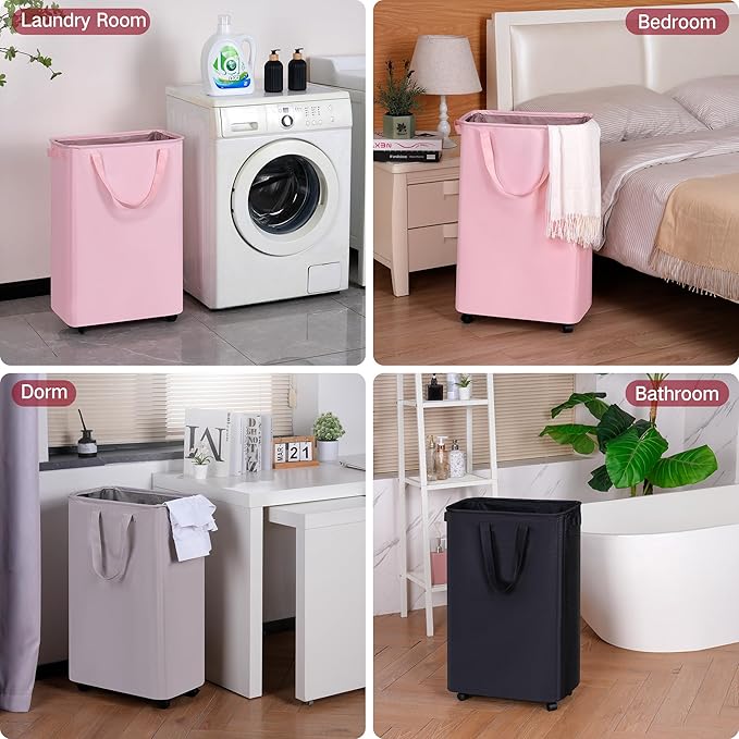 efluky Slim Rolling Laundry Basket for Clothes, Bedroom & Dorm (Black, 75L)