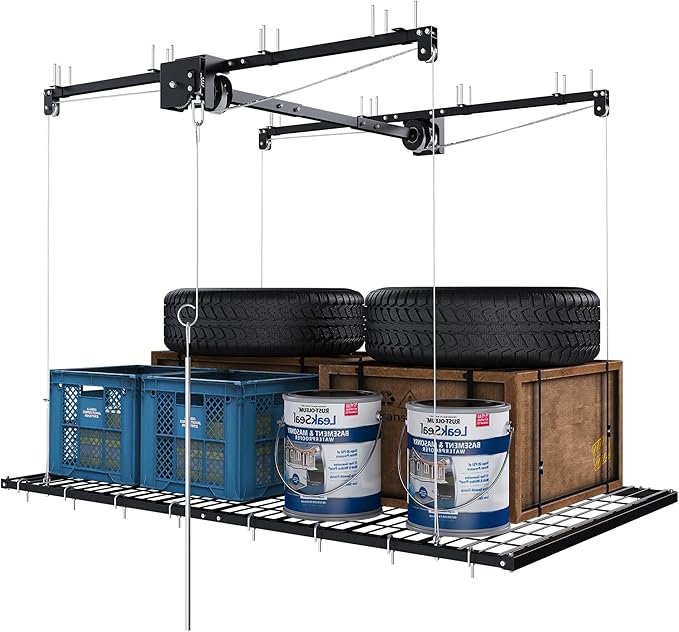 4x8FT Overhead Garage Storage Rack for High Ceilings 10-12 FT, Adjustable Garage Organization System, Heavy Duty Ceiling Storage Racks with Safety Lock,325LBS Capacity,Black