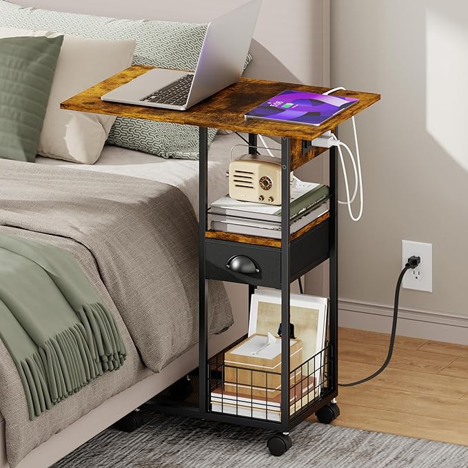 Rolling C-Shaped Side Table with Charging Station, Night Stand with Type-C & USB Port and Outlet for Bedroom, Spacious Coffee Table with Wheels for Living Room, Home Office, Small Space(Large Desktop)