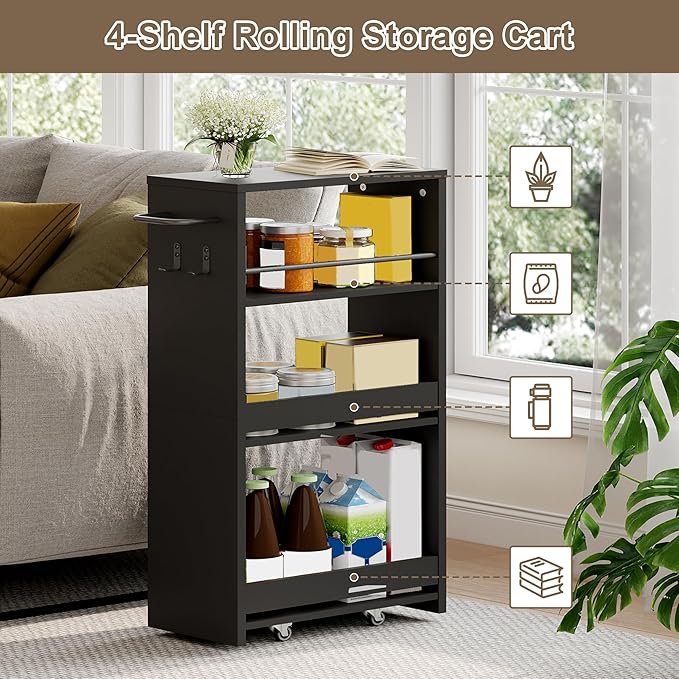 ChooChoo 4-Tier Slim Storage Cart with Handle, 7.87" W Rolling Utility Cart on Universal Wheels, Kitchen Cart Mobile Shelving Organization for Laundry Room, Bathroom & Narrow Places, Black