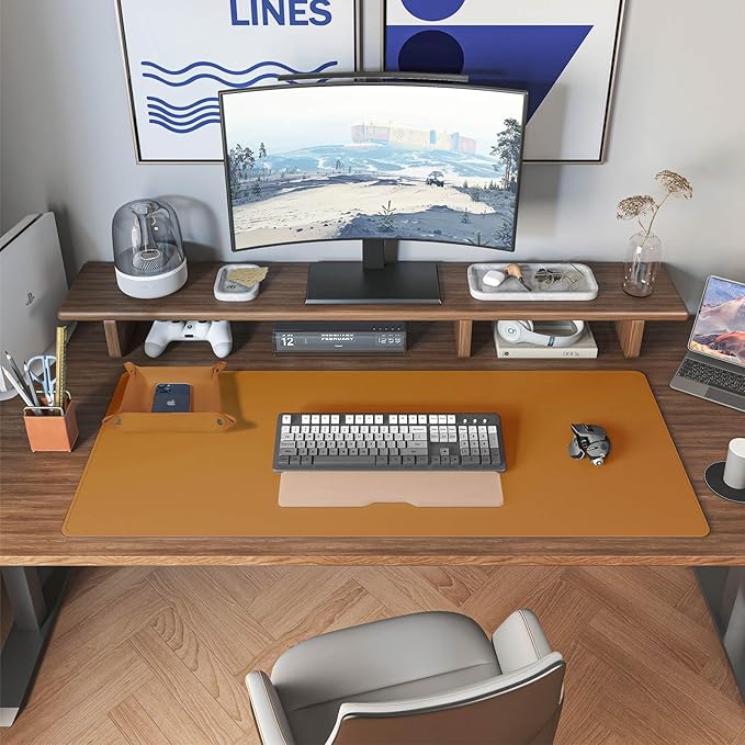 DAWNTREES Dual Sided Desk Mat,Leather Desk Pad,Brown Cork Desk Mat Protector,with PU Leather Valet Tray Organizer,Large Mouse Pad,Desk Writing Pad for Office and Home(31.5"x15.8")