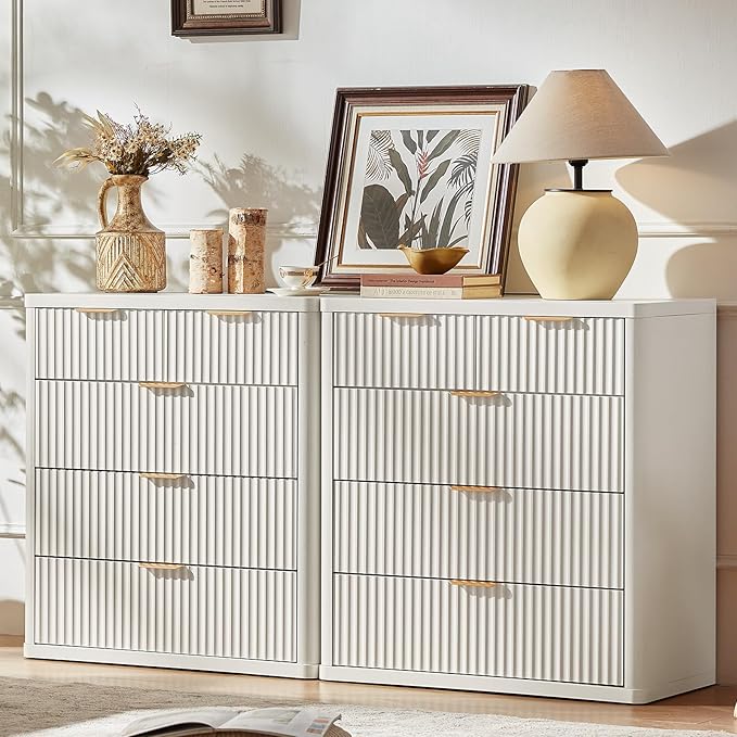 LEYAOYAO Fluted 5 Drawers Dresser for Bedroom, 34" Tall Modern Chest of Drawers with Metal Handle, Curved Profile Design,White Wood Drawer Organizer for Bedroom, Living Room, Hallway, Entryway
