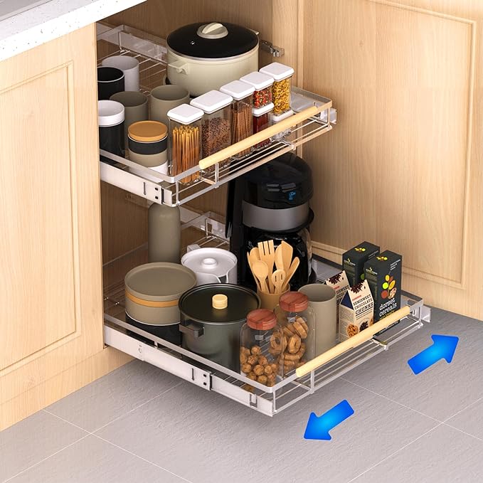 Pull Out Drawer Cabinet Organizer, Expandable Slide Out Storage Shelves - Heavy Duty, Durable and Smooth Slide-Out, 12.3"~18.3" Wide x 22.5" Deep, 2 Pack