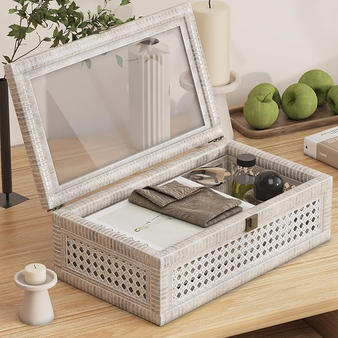 Rattan Decorative Box,Boho Display Boxes with Lids,Set of 2 Rectangular Wicker Storage Decoration,Natural Woven Cane Bins for Home Decor for Rustic Farmhouse(White)
