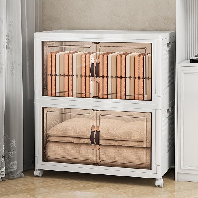 Storage Bins with Lids and Wheels, Collapsible Bathroom Storage Cabinet with Clear Doors, Plastic Stackable Closet Organizers and Storage Containers White 314 QT