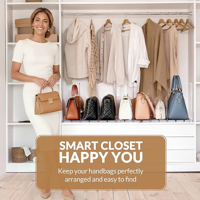 Adjustable Bag & Purse Organizer for Closet | Clear Shelf Dividers for Closet Organization, Vertical Handbag Separator for Sweater, Shirts & Clutches, Perfect for Bedroom, Living Room, Home