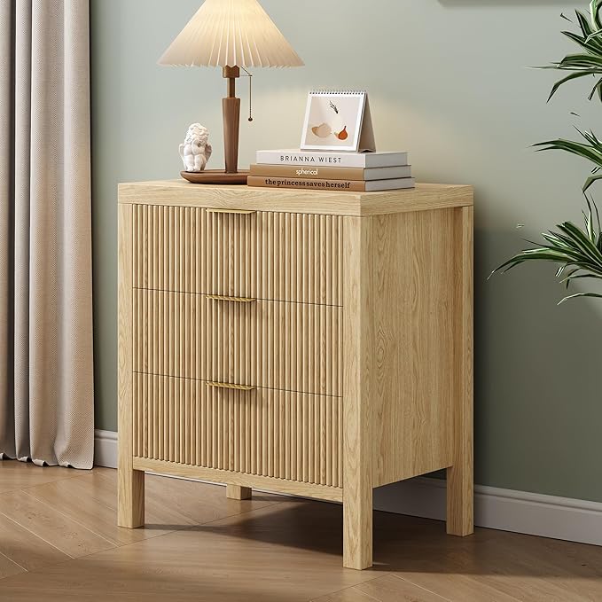 6 Drawer Dresser, Modern Wood Storage Chest of Drawers Organizer with Waveform Panel, Fluted Dresser with Wide Drawers and Golden Handles for Bedroom, Hallway, Entryway, Nature
