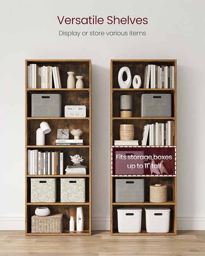 VASAGLE CUSTOS Collection - Bookshelf, 6-Tier Bookcase, Book Shelf, Open Storage Shelf, 9.4 x 23.6 x 63.3 Inches, for Living Room, Home Office, Dinning Room, Rustic Brown ULBC166X01