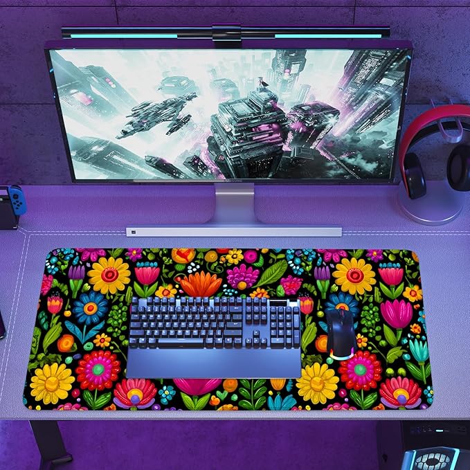 Folk Art Floral Mouse Pad – Large Extended Desk Mat 35.43 x 15.75 in – Colorful Boho Flowers on Black Background, Waterproof Surface, Non-Slip Rubber Base, Oversized Mouse & Keyboard Pad