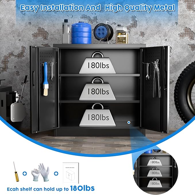 SUXXAN Metal Storage Cabinet with Pegboard 31.5”H×31.5”W×16.5”D, Lockable Rolling Steel Storage Cabinet with 2 Adjustable Shelves and Door for Garage, Office, Kitchen, Assembly Required(Black)