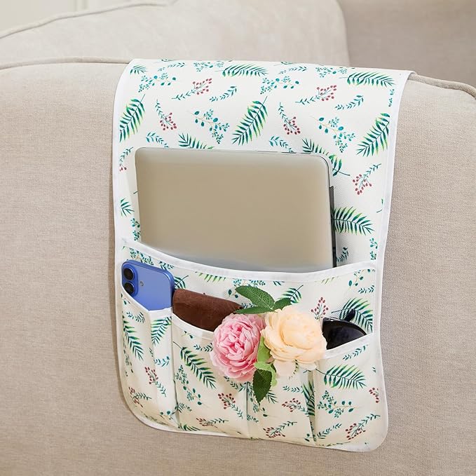 FLYILY Sofa Armrest Organizer Non-Slip Arm Chair Hanging Caddy Remote Control Holder for Magazine,Tablet, Phone, Books, Glasses(GreenLeaf,13in)