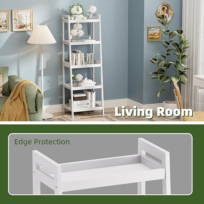 Bookshelf, 5 Tier Ladder Bookcase with Bamboo Frame, Freestanding Tall Narrow Display Plant Shelf for Living Room, Kitchen, Bedroom, Balcony, White