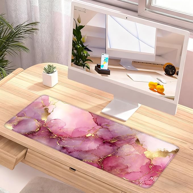 Pink Marble Ink Mouse Pad – Large Extended Desk Mat 31.5 x 11.8 in– Elegant Watercolor Gold Foil Design, Waterproof Surface, Non-Slip Rubber Base, Keyboard & Mouse Pad for Office or Gaming