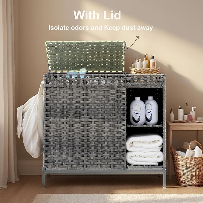 Laundry Hamper with Lid, 110L (29.1 Gal) Rattan Laundry Hamper 2 Section with 50L (13.2 Gal) Storage Shelf, Wicker Woven Laundry Sorter Basket with 3 Liner Bags and Handles, Gray GLH002G