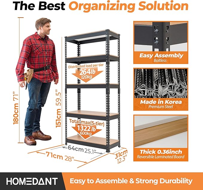 HOMEDANT 5 Tier Storage Shelves Adjustable Laminated Boltless Garage Metal Shelving Unit Heavy Duty Utility Rack Shelf Warehouse Pantry Closet Kitchen (3, (S) 28" W, Black)