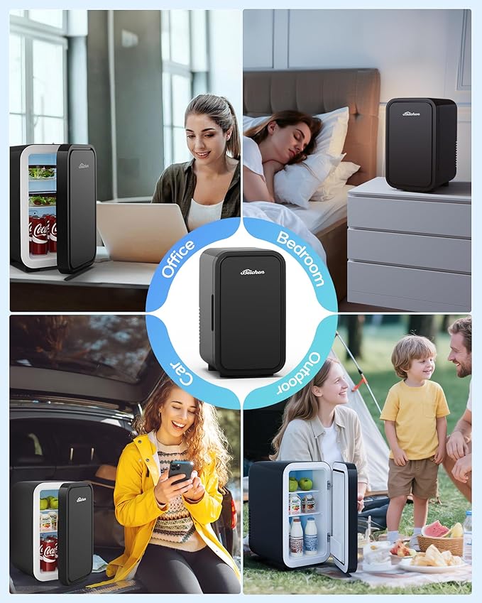 Mini Fridge,6 Liter / 8 Can Small Fridge for Bedroom, Car, Office & Dorm, AC100-120 V/DC 12 V Portable Thermoelectric Cooler & Warmer for Skincare, Food, Drinks,Black ﻿