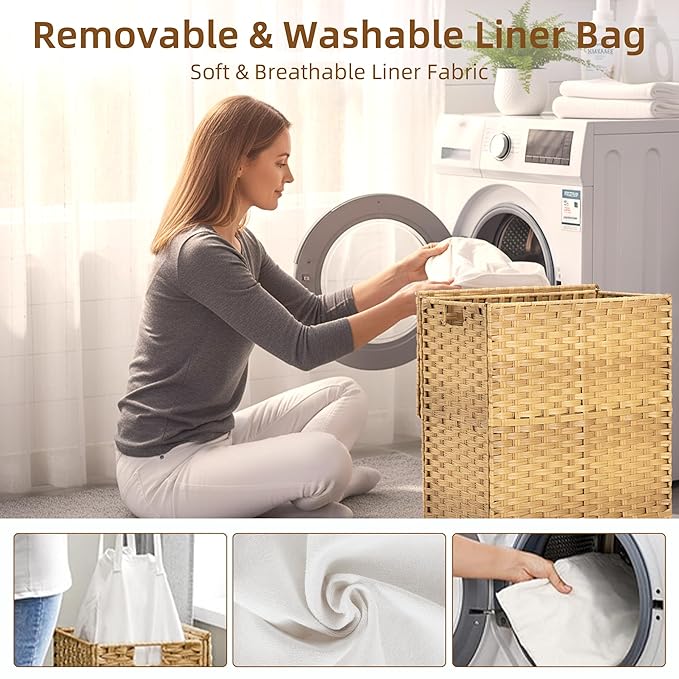 Woven Laundry Basket with Lid, Large Hamper with Removable and Machine-Washable Liner, Foldable Rattan Clothes Hamper, Sturdy Steel Frame, Odor Control, 110L Capacity, Goose Yellow