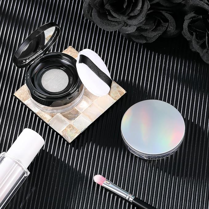 Cunhill 2 Pcs Loose Powder Container with Puff 0.17/0.7 oz Reusable Plastic Empty Case Portable DIY Makeup Powder Container Compact Case with Mirror and Net Sifter(Neon,Black)