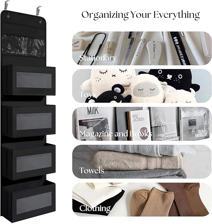 Giraffe Creation Over Door Organizer with 4 Large Capacity Pockets, Hanging Organizer Storage for Closet Bathroom Nursery Bedroom Dorm, Toys Cosmetics Sundries and Baby Essentials, Black