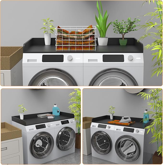 Washer Dryer Countertop, Laundry Room Wood Countertop with Edge, 54" x 27.5" Top Cover for Laundry Machine, Washer and Dryer Wood Shelf Topper for Laundry Room Counter Storage Organization, Black