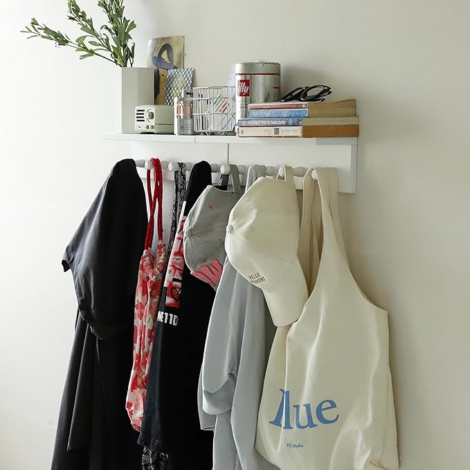 Entrance Coat Rack ，Coat Hooks, Wall-Mounted Wooden Hook Rack, Wall-Mounted Shelves are Very Suitable (White Finish-2)
