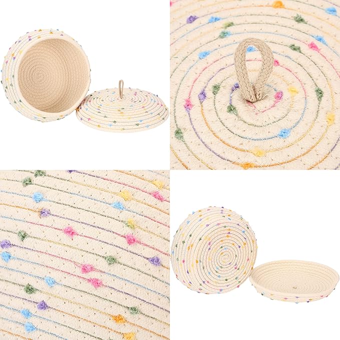 Sea Team Round Cotton Rope Storage Basket with Lid, Colorful Rainbow Pompom Woven Storage Bin, Pot, Caddy, Organizer, Container for Snacks, Towels, Plants, 10 x 4.5 Inches (Small, Shallow, Rainbow)