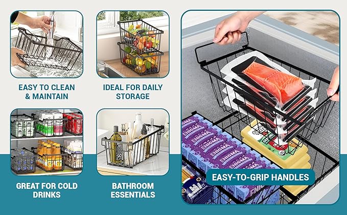Freezer Organizer Bins with Foldable Handle, 4 Pack Stackable Freezer Baskets Deep Chest Freezer Organization, Black Metal Freezer Storage Bins Space Utilization Bins