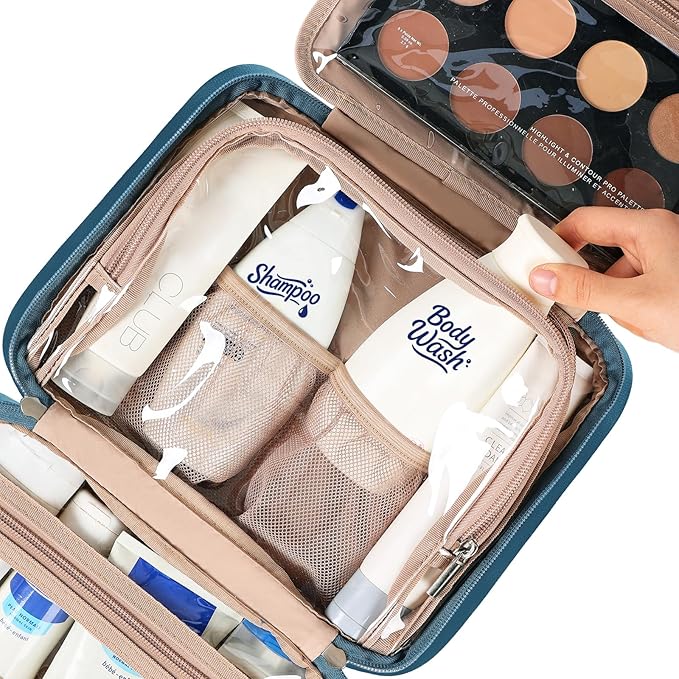 NISHEL Travel Toiletry Bag for Women, Makeup Essentials Organizer, Hanging Case for Accessories, Cosmetics, Medium Size, Lake-Blue