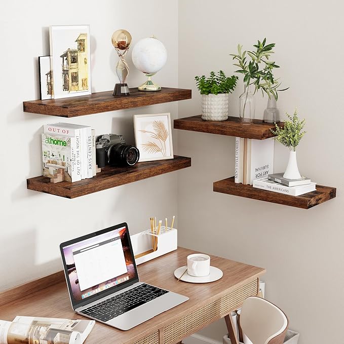 Fun Memories 16Inch Floating Shelves for Wall 2 Pack Shelves for Bedroom|Kitchen|Bathroom Wall Mounted Rustic Wood Floating Shelf with Invisible Brackets for Books|Storage|Decor, Rustic Brown