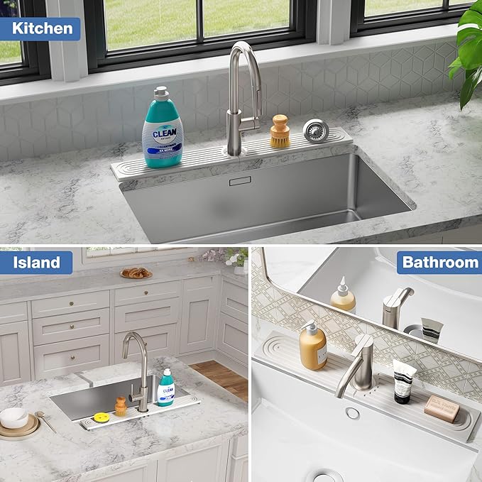 DK177 Faucet Mat for Kitchen Sink - Water Absorbing Stone Tray for Sink, Painted Wood Fast-Drying Faucet Mat, Faucet Splash Guard for Bathroom Counter (White, 15.8" x 4")
